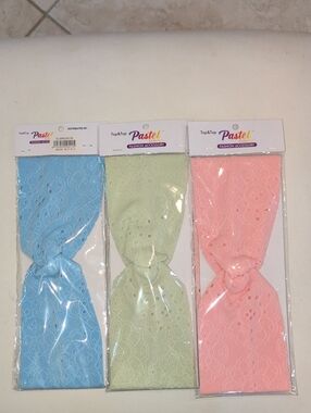 Pastels Lace Eyelet Headbands in Blue, Green & Pink - 3 Pack